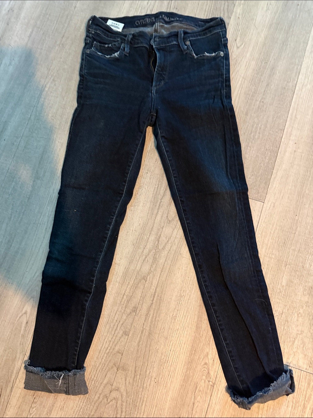 Citizens Of Humanity Dark Black Skinny Jeans with Rolled Frayed Cuffs